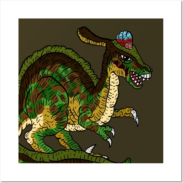 dinosaur, green dino illustration. angry rex. Wall Art by JJadx